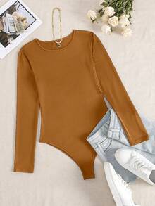 SHEIN Essnce Women's Solid Round Neck Long Sleeve Bodysuit - Brown - View 3