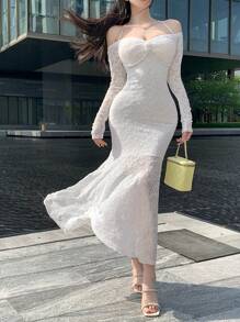 DAZY 女士蕾丝长袖A字型正式派对/返校礼服优雅吊带裙，秋季连衣裙 - 白色 - 查看 13