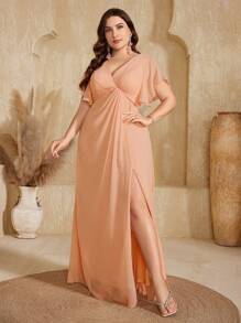 Plus Size Women V-Neck Flouncing Sleeve Open Back Bow Tie Front Ruched High Split Chiffon Bridesmaid Dress - trái cam - Xem 6