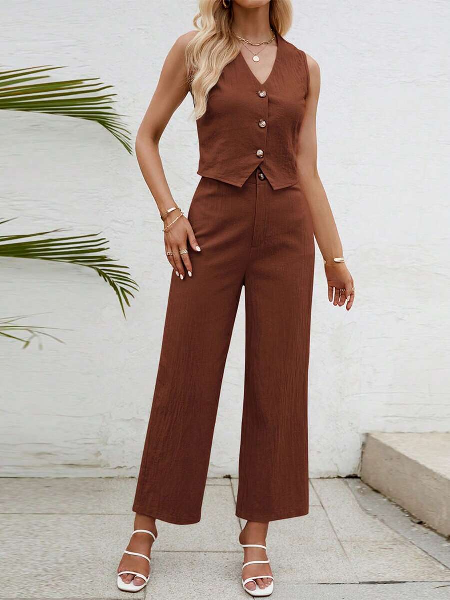 SHEIN VCAY 前紐扣夾克背心&闊腿褲 - 咖啡棕 - 查看 1