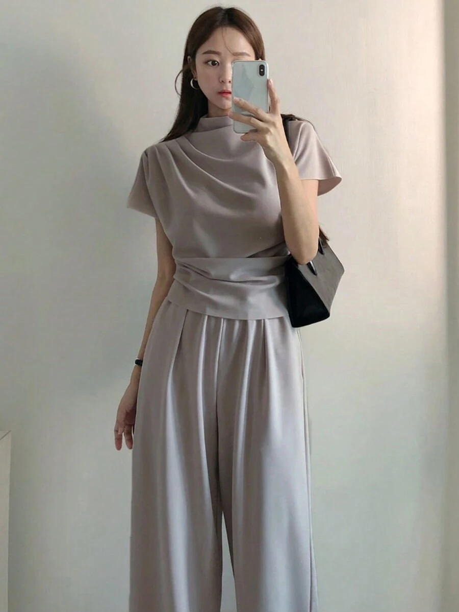 DAZY Women Solid Color T-Shirt And Long Pants Set, Women Two Pieces Sets Short Sets For Women - Grey - View 1