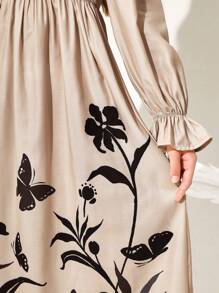 SHEIN Tween Girl Integrated College Square Neck Bubble Sleeve Floral Pattern Midi Dress