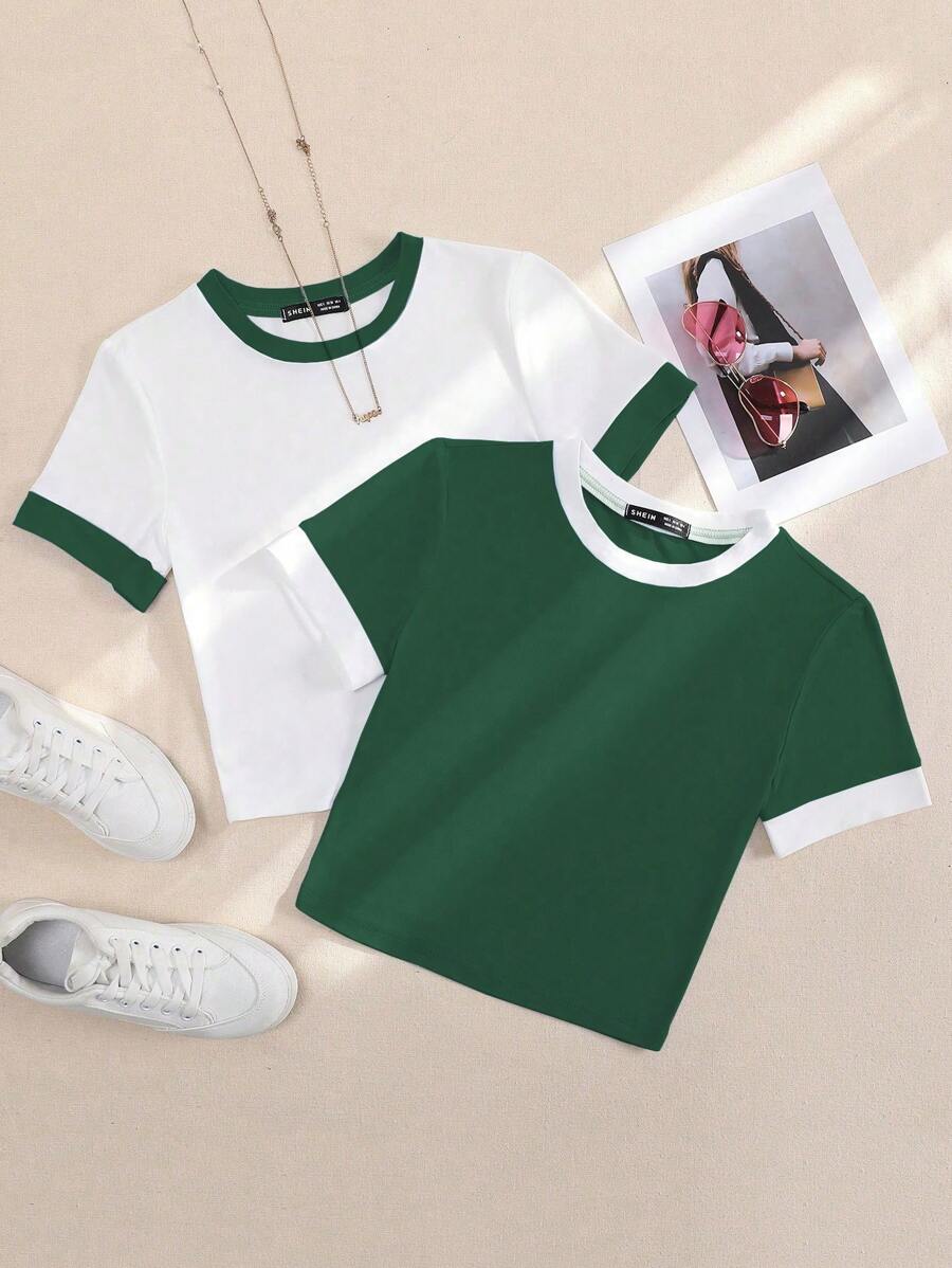SHEIN Unity Bộ áo thun ngắn tay bó sát màu tương phản đen trắng - Màu xanh lá cây đậm - Xem 1