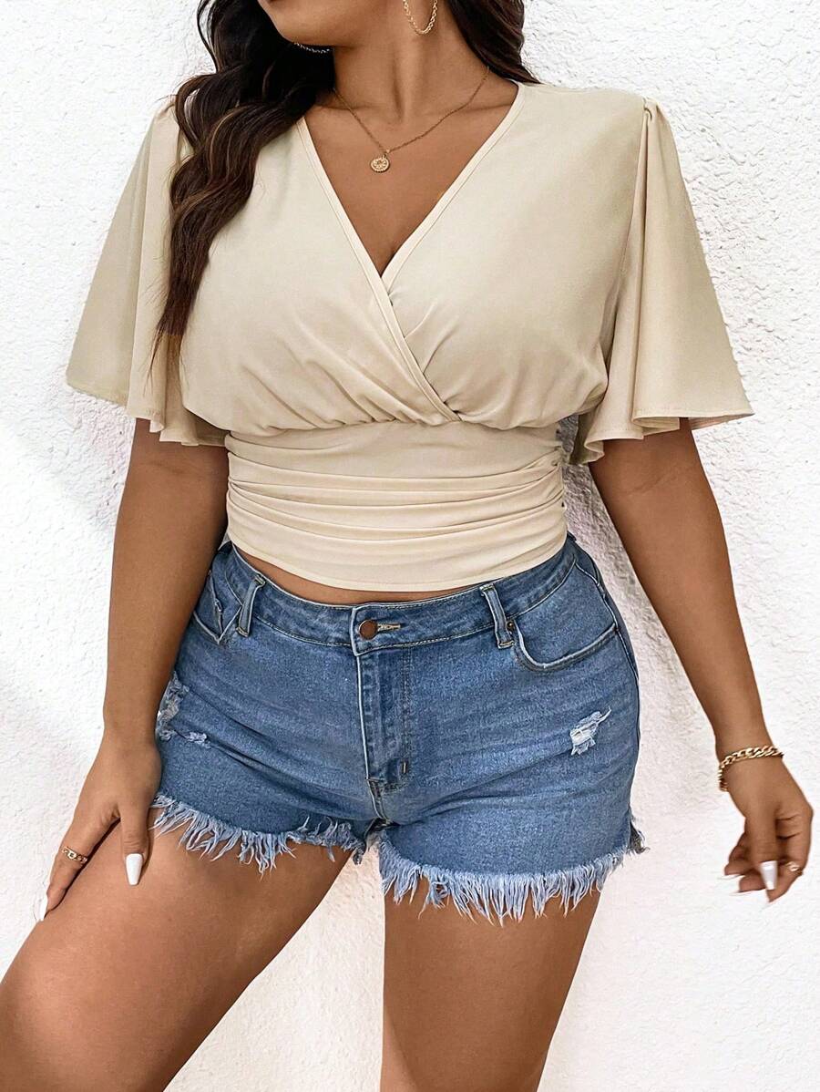 Breezaya 大碼v領飄逸袖子褶皺寬擺上衣 - 杏色 - 查看 1