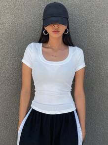 DAZY Solid Color Slim Fit Women Tee With Large Round Neckline Summer