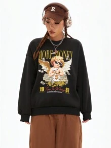 Coolane 宽松女士休闲简约卡通印花长袖圆领上衣，适合秋冬季 - 黑色 - 查看 6