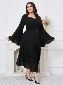 Modelyn 加大码纯色荷叶边下摆喇叭袖连衣裙，优雅晚会礼服长款晚礼服