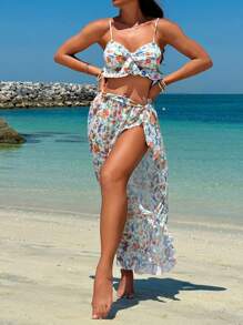 SHEIN Swim 女性夏季時尚雛菊花卉印花比基尼套裝，3件套裝 - 彩色 - 查看 8