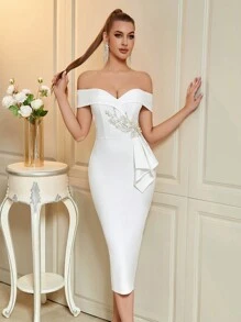 ADYCE Vestido de Festa Midi Elegante com Decoração de Flor de Contas na Cintura e Ombro Único para Festa de Formatura, Aniversário, Festa à Noite, Festa de Boas-Vindas, Casamento, Coquetel, Família, Festival de Ano Novo, Vestido Branco