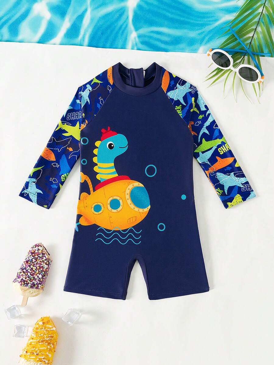 SHEIN Baby Boy Dinosaur Print Round Neck Raglan Sleeve Casual Swimwear With Shorts For Vacation - Multicolor - View 1