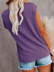 Women's Solid Color Batwing Sleeve T-Shirt Summer Loose Fit Casual Tops Pocket Patched Tee - Purple - View 2