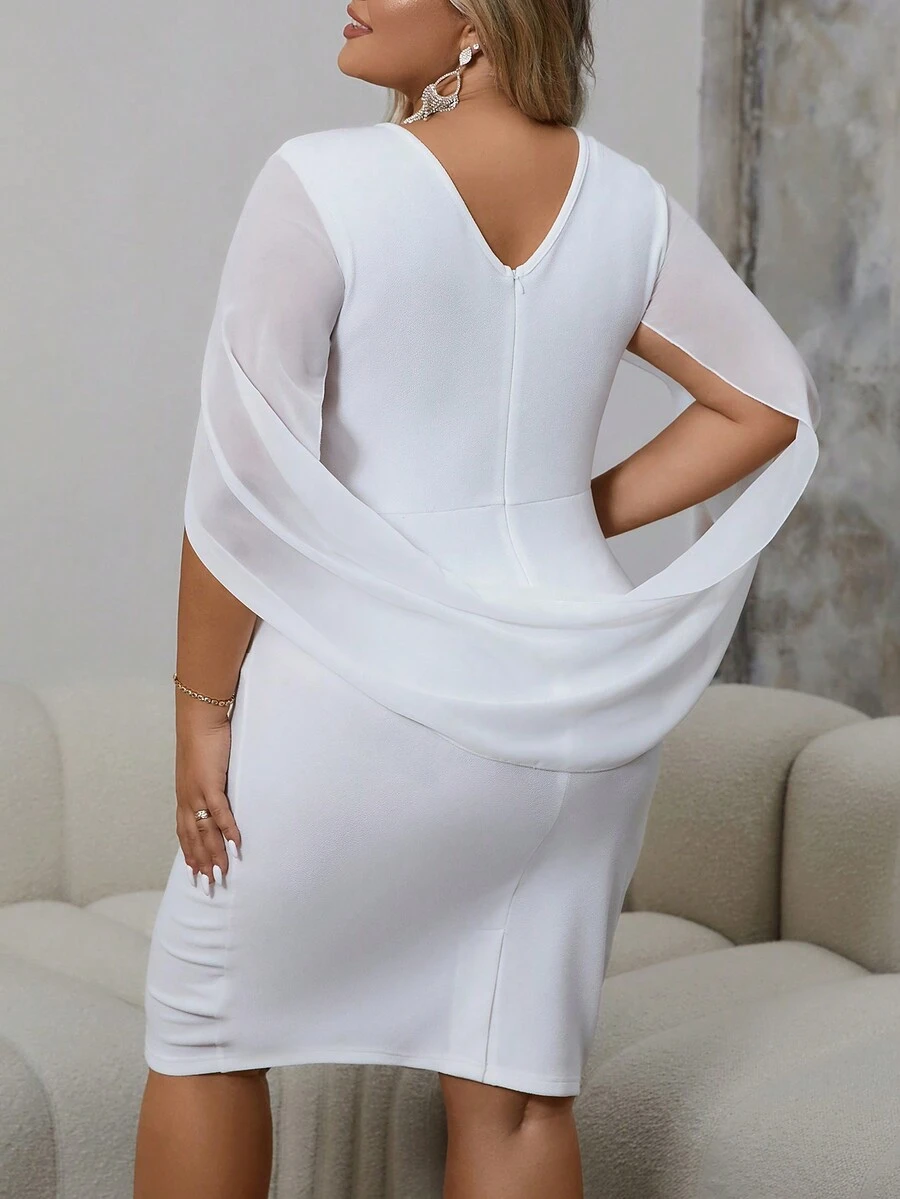 SHEIN Clasi 大尺碼純色圓領披風袖婚禮來賓連衣裙 - 白色 - 查看 1