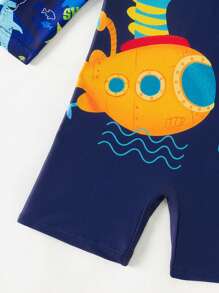 SHEIN Baby Boy Dinosaur Print Round Neck Raglan Sleeve Casual Swimwear With Shorts For Vacation - Multicolor - View 4