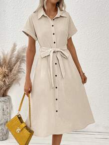 SHEIN Clasi Ladies Solid Color Simple Belted Short-Sleeved Shirt Dress - Apricot - View 8