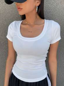 DAZY Solid Color Slim Fit Women Tee With Large Round Neckline Summer