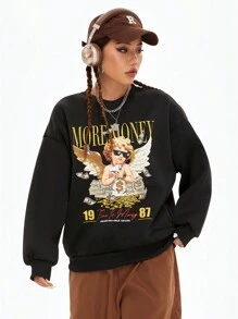 Coolane 宽松女士休闲简约卡通印花长袖圆领上衣，适合秋冬季 - 黑色 - 查看 1