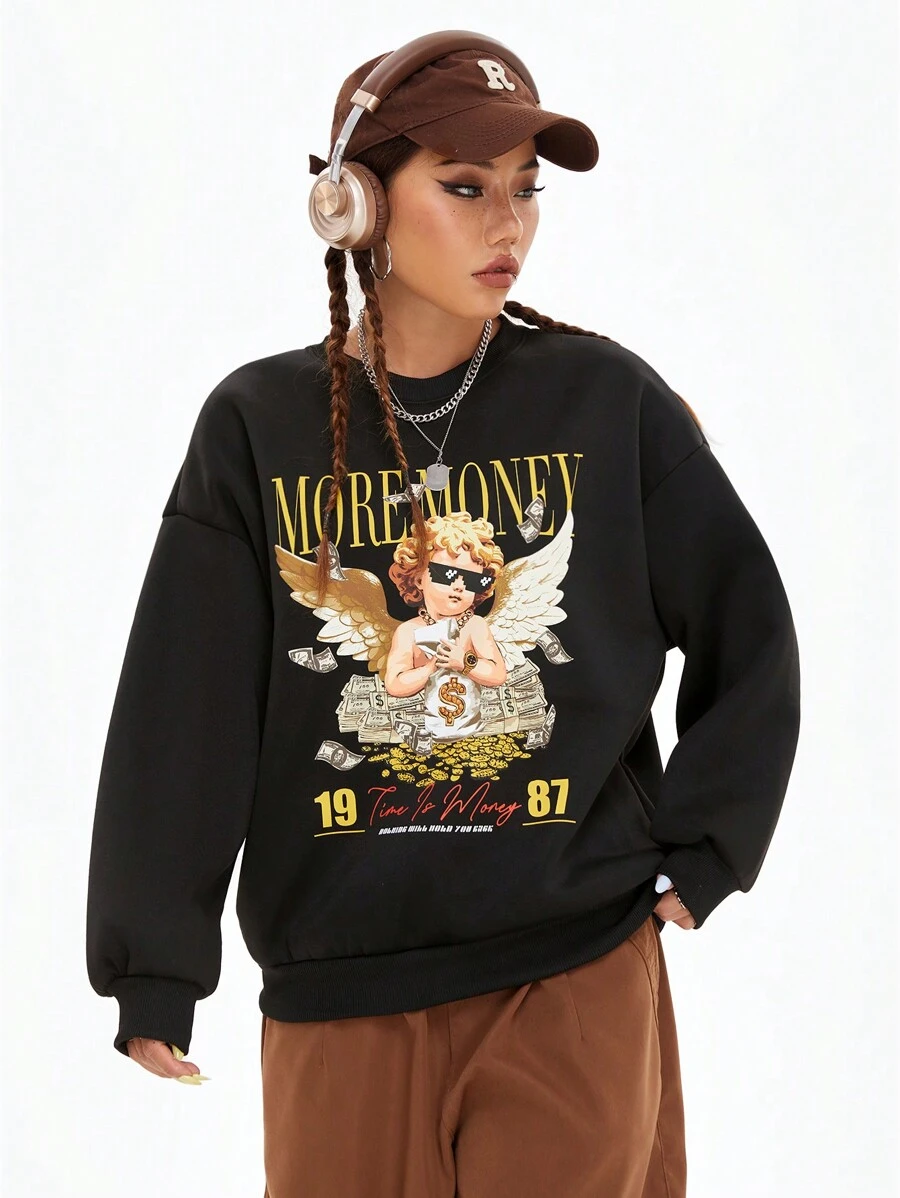 Coolane 宽松女士休闲简约卡通印花长袖圆领上衣，适合秋冬季 - 黑色 - 查看 1