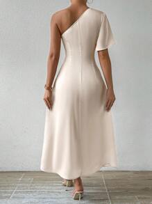 Chiquease Vestido elegante con un solo hombro y cintura plisada - Albaricoque - Ver 2