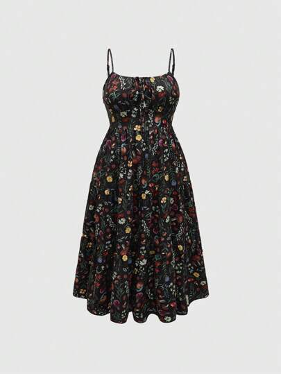 Fairycore Sommer Spaghetti Träger Kleid Große Größen für Damen mit Wald Pilz und Blumenmuster