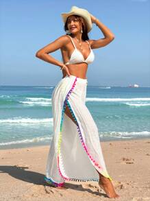 Swim Lushoire 彩色毛球邊設計寬鬆夏季沙灘長褲女款，海邊度假泳裝遮罩 - 白色 - 查看 6