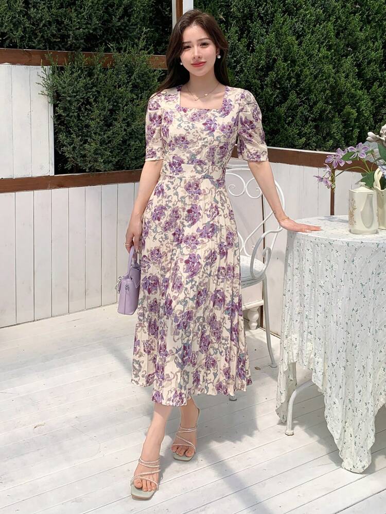 Square Neckline Sleeveless Cinched Waist Pleated Bodycon Dress Floral Sundress Vacation Outfits Women Easter Dress Boho