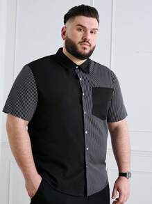 Manfinity Homme Men Plus Size Striped Patchwork Short Sleeve Shirt With Pocket Summer Button Up Color Block Vacation Casual Shirt