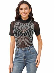 Black Cat Ears Shape Rhinestones Short Sleeve Bodysuit