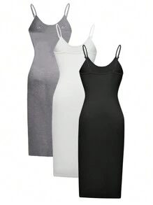 Chiquease Women Summer 3-Piece Solid Color Simple Casual Sling Dress