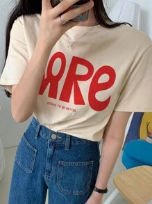 DAZY 女式短袖寬鬆T卹，大字母印花圓領設計 - 杏色 - 查看 1