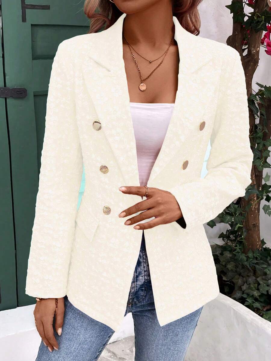 SHEIN Clasi Veste de costume quotidienne élégante à double boutonnage à col en revers pour femmes à manches longues pour la saison printemps/automne - Nude - Voir 1