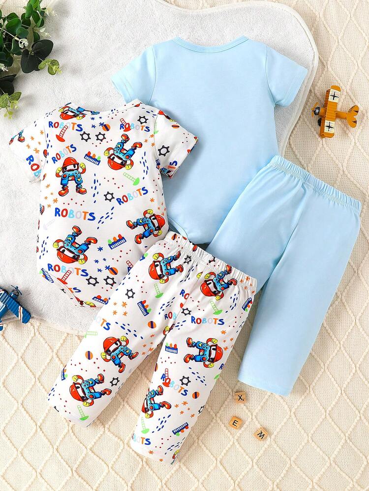 Baby Boy Summer Bodysuit Set With Cool "Mechanical Print Short Sleeve Bodysuit" And Long Pants For Casual And Home Wear