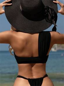 Swim Chiccia Women Asymmetrical Neckline 3D Floral Decoration Bikini Top, Suitable For Summer Beach - Black - View 2