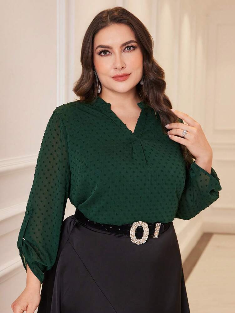 Plus Size Women Loose Fit Shirt With Notched V-Neckline And Batwing Sleeves