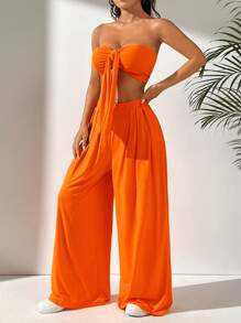 SHEIN EZwear Ensemble décontracté orange pour femmes en tricot comprenant un haut court tube à nœud avant et un pantalon large à jambes - Orange - Voir 4