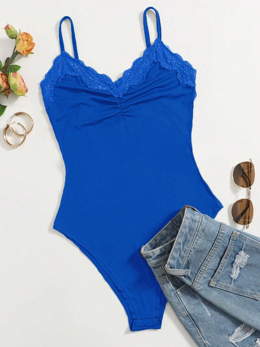 SHEIN Essnce 夏季休閒純色蕾絲邊細肩帶連身衣 - 寶藍色 - 查看 1