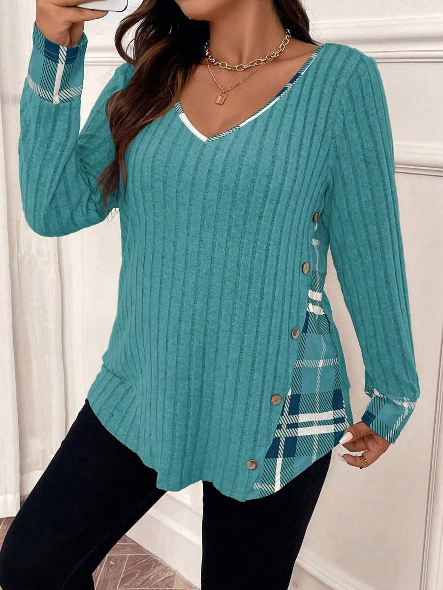 加大格子印花纽扣细节 T 恤女式上衣