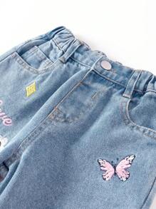 Jeans bordados con flores y letras lindas para niñas jóvenes - Lavado ligero - Ver 5