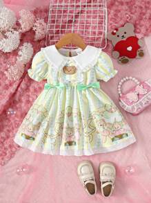 Baby Girl Peter Pan Collar Puff Sleeve Cute Printed Dress - Yellow - View 1