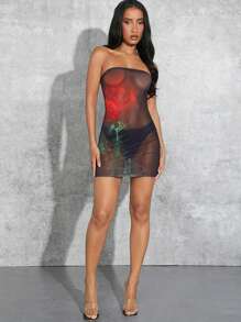 Hauture Abito estivo sexy per donne in miniatura, senza spalline, aderente al corpo e con prospettiva in mesh tie-dye - Multicolore - Visualizzare 4