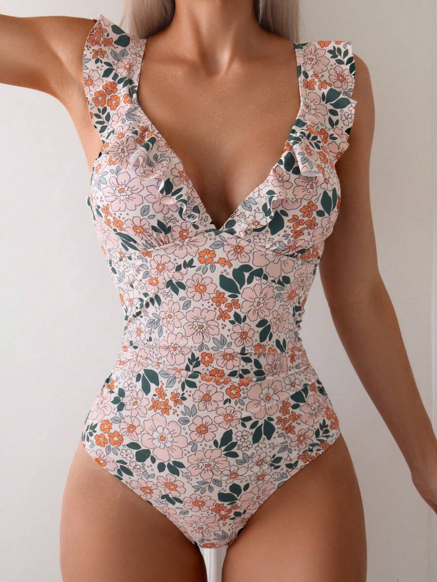 SHEIN Swim Summer Beach Ladies' Floral Print Holiday Swimsuit With Ruffle Trim And Simple  Style - Multicolor - View 1