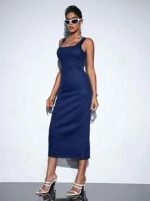 SHEIN BAE Casual High Waist Sleeveless Denim Dress With Backless And Chain Decoration - Blue - View 6