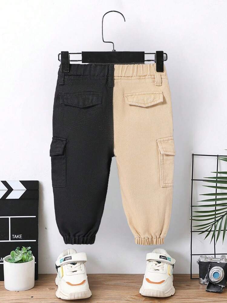 Baby Boy Spring Summer Color-Block Washed Flap Pocket Denim Cargo Jeans, Summer