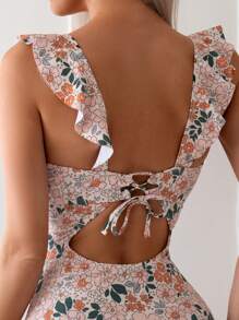 SHEIN Swim Summer Beach Ladies' Floral Print Holiday Swimsuit With Ruffle Trim And Simple  Style - Multicolor - View 5