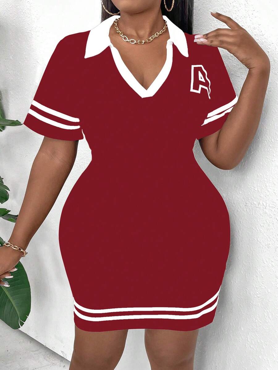 Maweii Plus Size Women Summer Short Sleeve Bodycon Dress With Turn-Down Collar, Letters And Stripes Print, Color Block Design - Burgundy - View 1