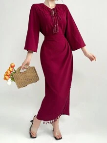 Mulvari Burgundy Red Solid Color Lace Spliced Tie Neck Top And Skirt Set 2 Pieces Set