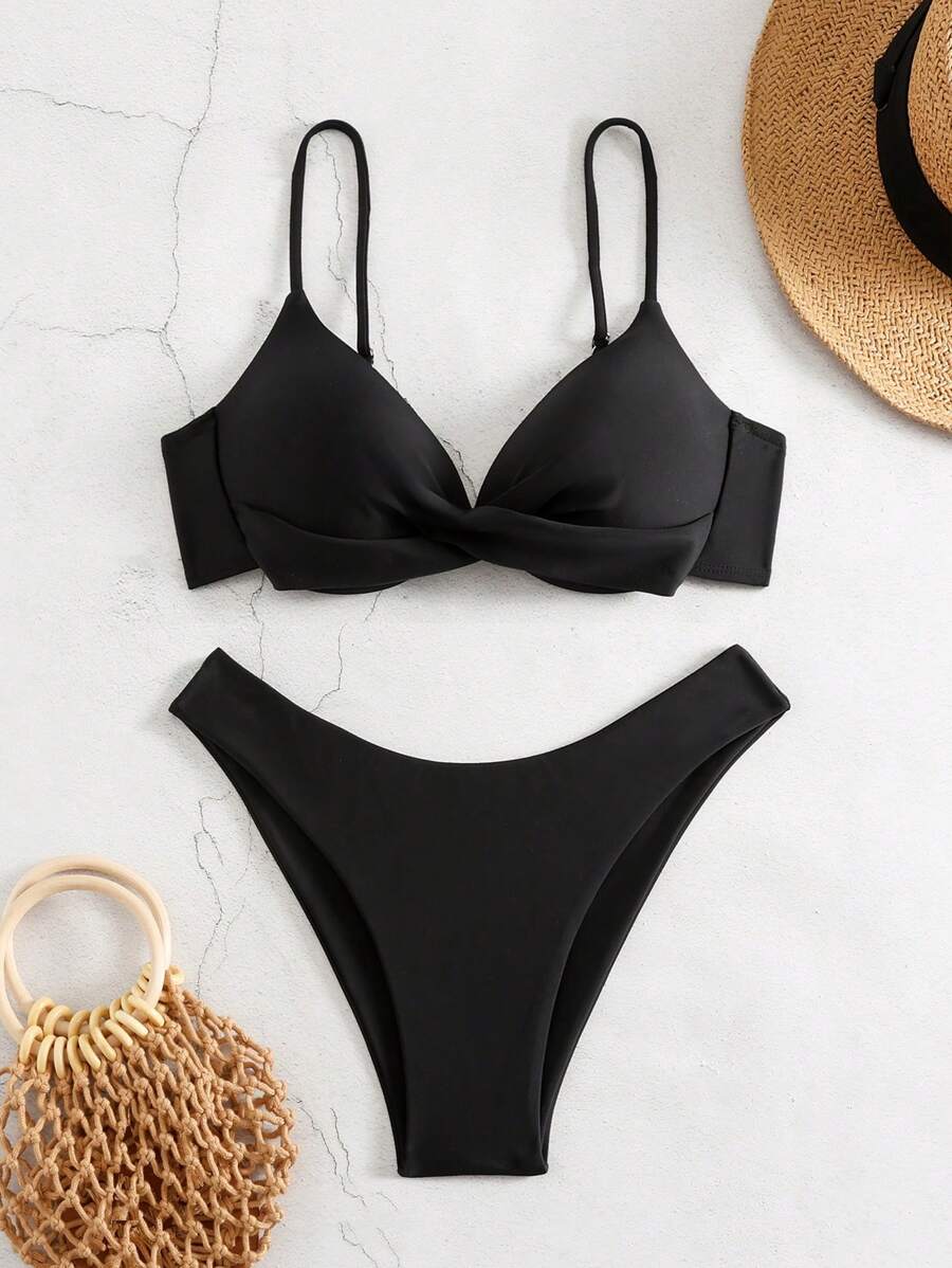 SHEIN Swim Summer Beach Women Solid Color Twisted Knotted Simple Fashionable Bikini Set Gathering - Black - View 1