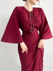 Mulvari Burgundy Red Solid Color Lace Spliced Tie Neck Top And Skirt Set 2 Pieces Set