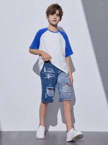 帶磨痕細節的Tween男生流行中藍色牛仔短褲