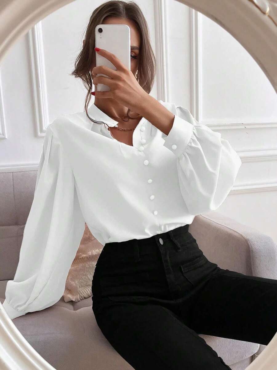 Camisa sencilla elegante de manga larga y unicolor de moda para mujer - Blanco - Ver 1