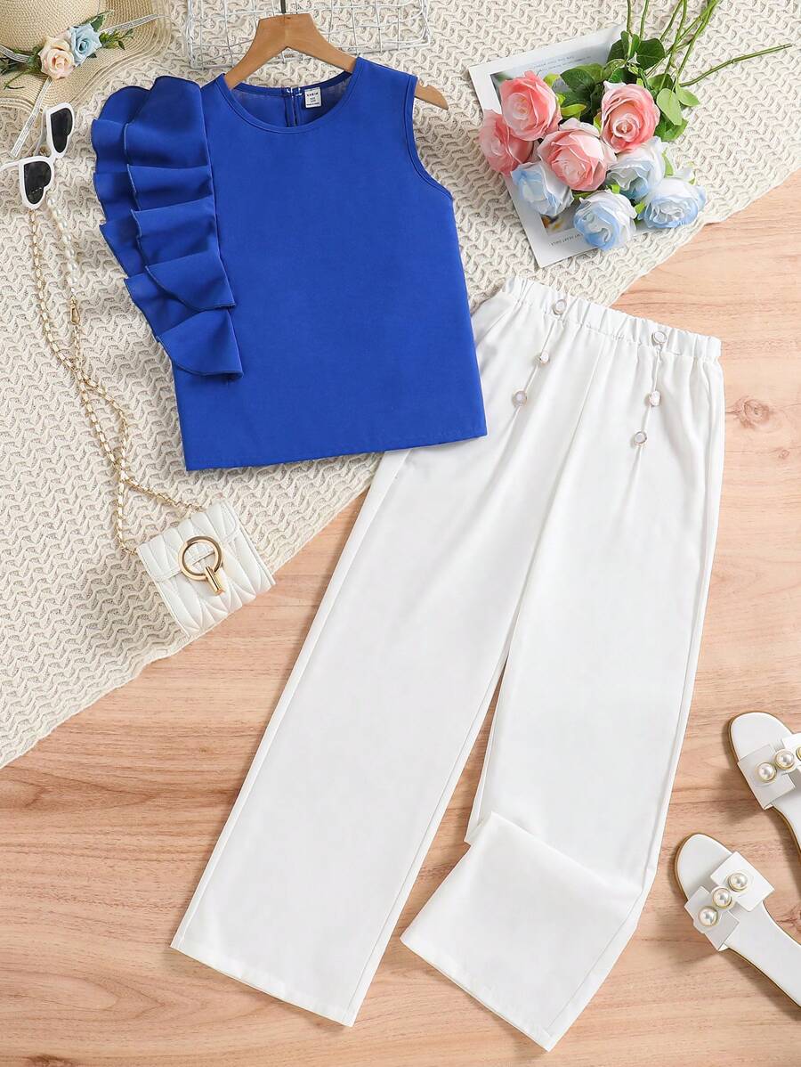 SHEIN Conjunto de outfit para niña preadolescente con top de cuello redondo con volantes y pantalones anchos de pierna ancha con botones en la parte delantera - Azul y blanco - Ver 1